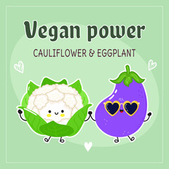 Fototapeta Eggplant and cauliflower card. Vector hand drawn doodle style cartoon character illustration icon design. Happy eggplant and cauliflower friends concept card obraz