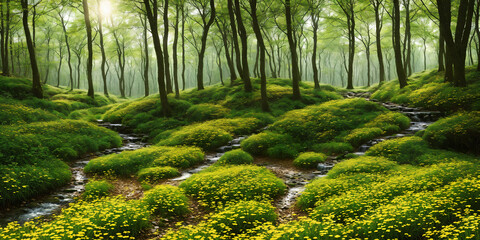 Illustration of spring forest. Landscape with trees with green leaves, grass, flowers, small streams, rays of the sun breaking through the crowns. Background with pristine nature. Generative AI