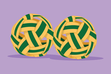 Cartoon flat style drawing stylized sepak takraw ball or rattan ball logo, symbol. Scissor kick. Team sport competition, tournament, South East or Asian sport game. Graphic design vector illustration