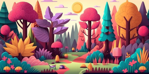 Fototapeta na wymiar A 2D drawing of a hiking trail through the forest. The drawings are rendered with cartoon style graphics with colorful forest trees giving a cheerful and fun mood especially to children.