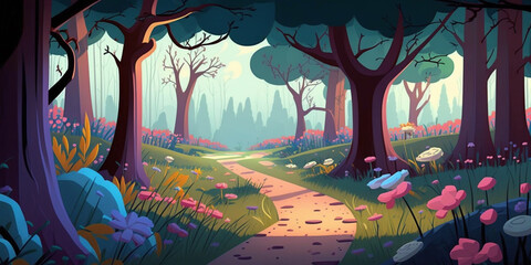 A 2D drawing of a hiking trail through the forest. The drawings are rendered with cartoon style graphics with colorful forest trees giving a cheerful and fun mood especially to children.