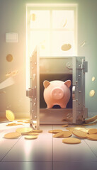 Pink piggy bank with many gold coins in a jackpot treasure concept