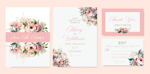 Floral watercolor wedding Invitation in rustic style, save the date, thank you, rsvp card Design template. Vector.