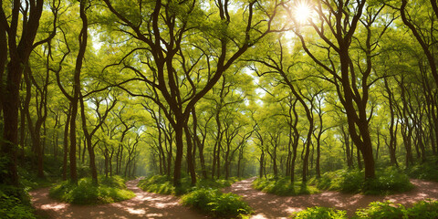 Fototapeta na wymiar Illustration of spring forest. Landscape with trees with green leaves, grass, flowers, trails, rays of the sun breaking through the crowns. Background with pristine nature. Generative AI