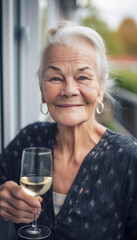 Happy senior woman enjoying life, drinking a glass of wine in the sun