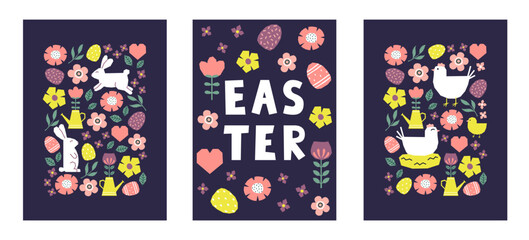 Set of Easter cards with cutout colorful elements. Bunnies, hens, chicken, flowers and leaves on dark blue background