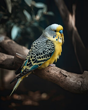 blue and yellow budgie sitting on the branch. Generative AI image.