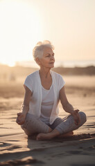 Fototapeta na wymiar Beautiful senior woman with an elderly but helathy look doing meditation