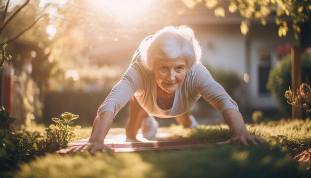 Elderly senior woman with healthy lifestyle doing some excercise in the spring