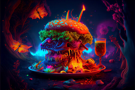 neon skull with a flower and burger fries