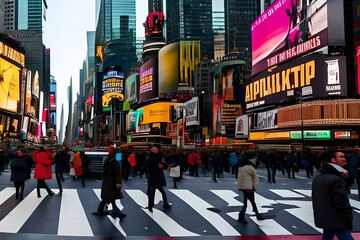 Obraz premium Bustling city intersection with neon billboards, crowded urban street with pedestrians on crosswalk, vibrant metropolitan square with digital displays