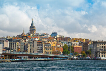 Fototapeta na wymiar View of the famous fourteenth-century Galata Tower and Galata Bridge - Istanbul - Turkey