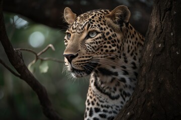 Fototapeta premium Close up young leopard portrait. Close up beautiful angry big leopard in forest. Generative Ai