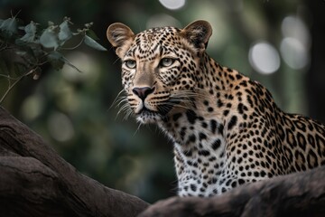 Fototapeta na wymiar Close up young leopard portrait. Close up beautiful angry big leopard in forest. Generative Ai