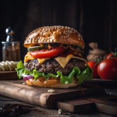 Beef burgers on wooden plate. fresh tasty burger on black background. delicious homemade burgers of beef, cheese and vegetables on an old wooden table. Fat unhealthy food close-up. Generative Ai.