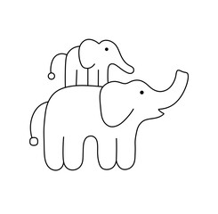Vector isolated cute cartoon two elephants family big elephant with baby elephant standing on top of another eleohant colorless black and white contour line easy drawing