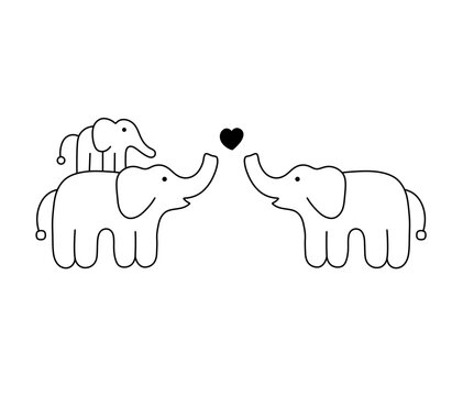 Vector isolated cute cartoon funny elephants family elephant father mother baby colorless black and white contour line easy drawing