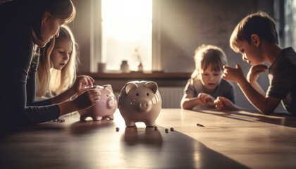 Private economy concept with a cute pink piggy bank ready for family savings - obrazy, fototapety, plakaty