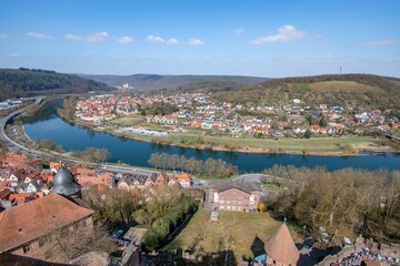 View from the Castle of Wertheim with Wertheim town and a river in the background located in Germany