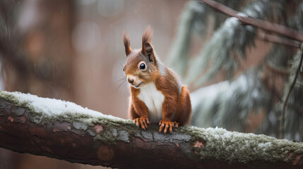 red squirrel on a tree. Generative AI image.