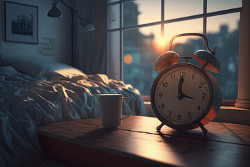 alarm clock, early morning. Generative AI image. - obrazy, fototapety, plakaty