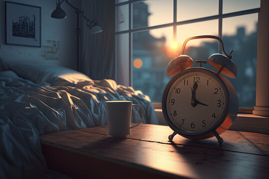 alarm clock, early morning. Generative AI image.