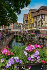 Fototapeta na wymiar Vertical shot of the view to the canal and colorful houses in Colmar, France