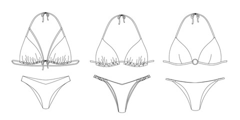 "Hand drawn woman swimwear, technical vector drawing, template, sketch, flat, mock up. Recycled PA, Recycled PES, Lycra fabric bikini front view, white color"		