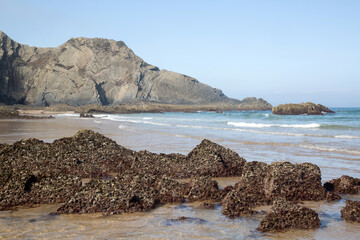 Sea, Cliffs and Rocks at Odeceixe Beach; Algarve; Portugal