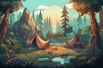 Summer forest or mountain tourist campground or campsite with tents and fireplace, flat cartoon vector illustration. Summer backpackers camping background. - obrazy, fototapety, plakaty
