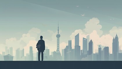 Businessman standing looking Shanghai city view, flat illustration background. Generative Ai.