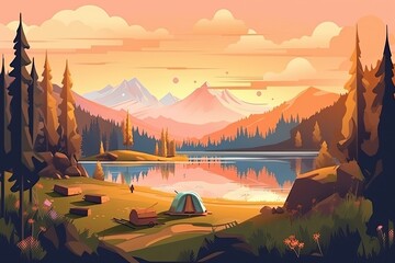Fototapeta na wymiar Summer forest or mountain tourist campground or campsite with tents and fireplace, flat cartoon vector illustration. Summer backpackers camping background.
