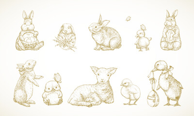 Hand Drawn Cute Easter AnimalsVector Illustrations Set. Little Rabbits, Ducks Chicken and Lamb with Ribbons and Easter Eggs Sketches Collection. Spring Holiday Engraving Style Drawings Isolated