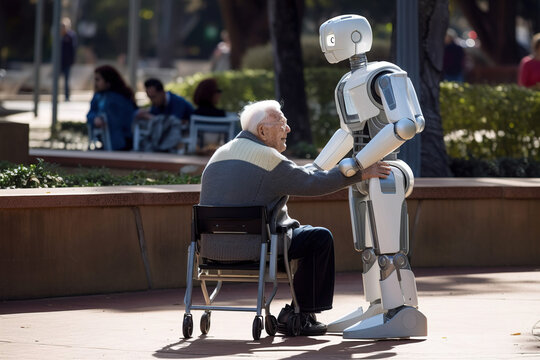 A fictional person. Compassionate humanoid robot assisting elderly gentleman in city park