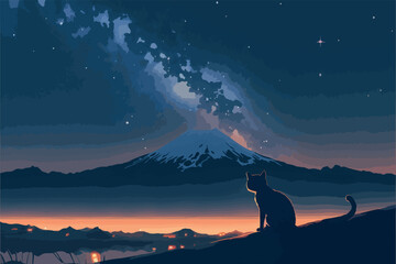Fototapeta premium Girl looking at the mount fuji during the night. Vector art of anime woman stargazing. Beautiful atmospheric moody landscape. Relaxing scenery. Sad sihouette drawing. Japanese landmark. Japan nature.