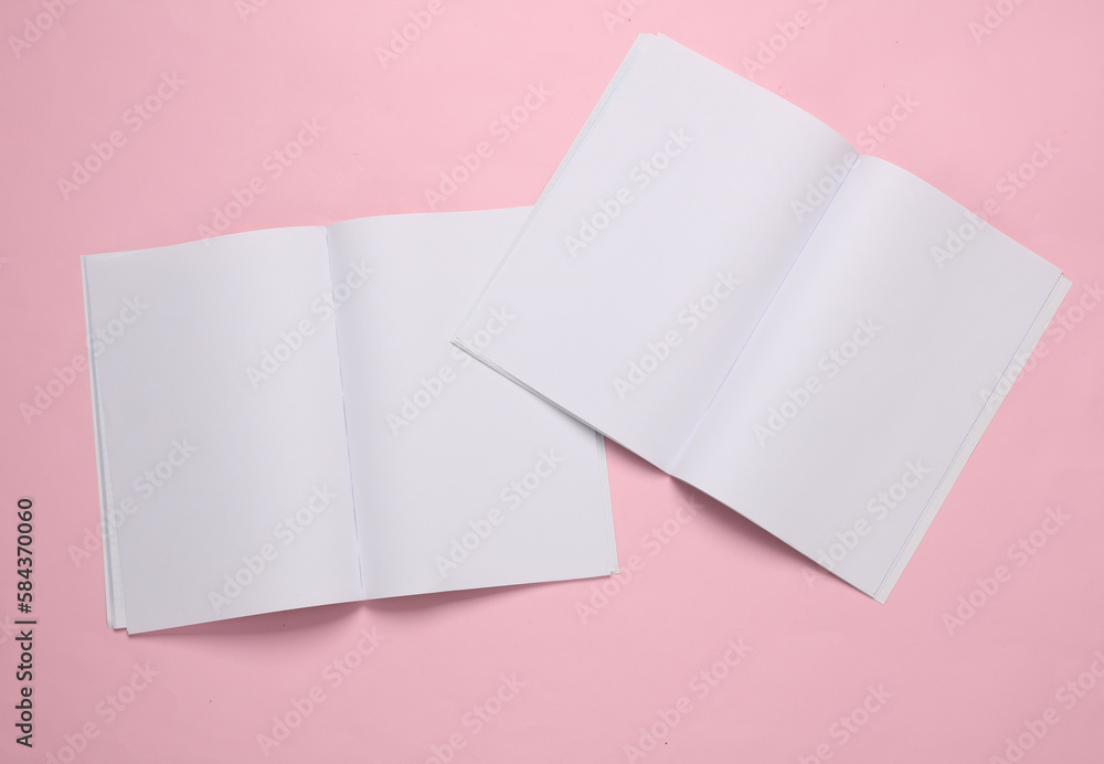 Poster mockup of two open magazines with white open pages on pink background. template for design