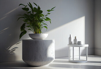 White ceramic side table, beside a marble bathtub, in a modern bathroom with green plants. AI Generated