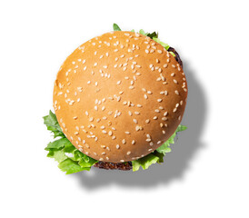 the perfect Burger from above, 	bird's eye view isolated on white