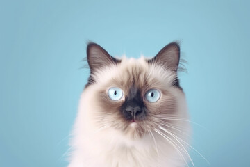 Front view beautiful cat with blue eyes, fuzzy ragdoll cat with cute expression isolated on blue background. Generative AI