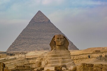 View of the Great Pyramid and Sphinx of Giza in Egypt