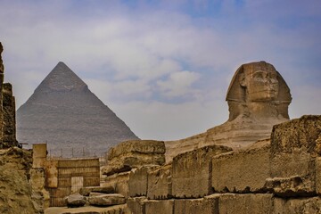 View of the Great Pyramid and Sphinx of Giza in Egypt