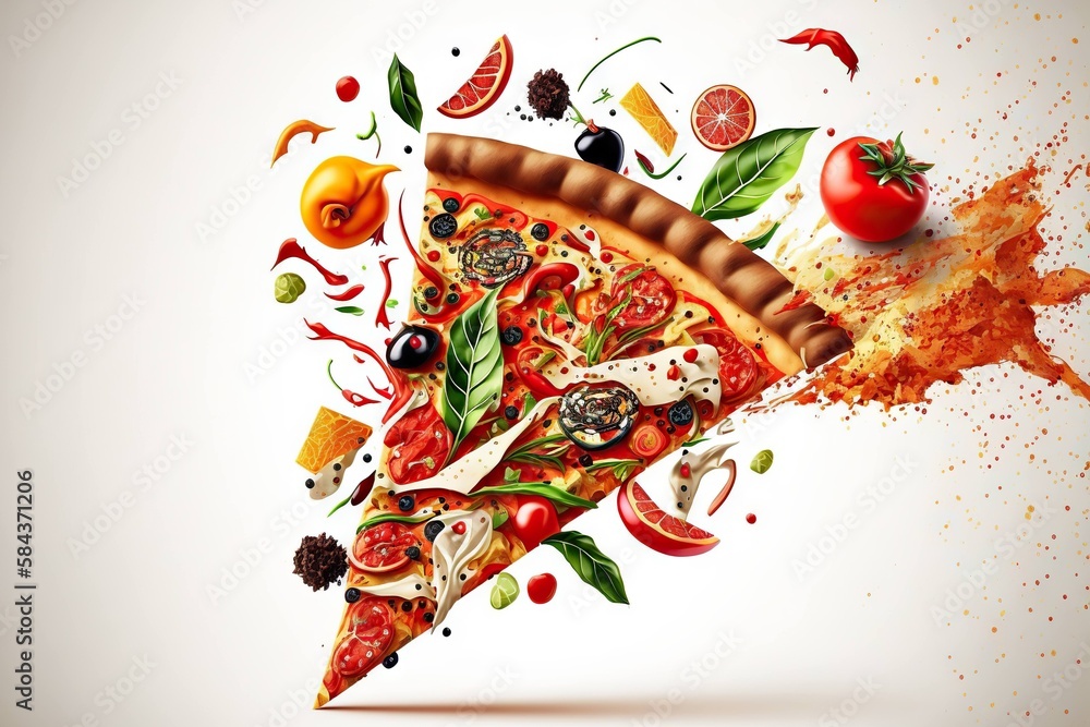 Sticker Individual slices of pizza with bright filling of vegetables isolated on white background, created with generative ai