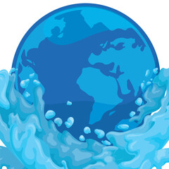 Fototapeta na wymiar Water splashes on a blue button with globe in cartoon style, Vector illustration