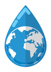 Blue water drop with globe silhouette in flat style, Vector illustration