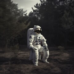An astronaut sitting on a chair basking in green forest. Generative AI