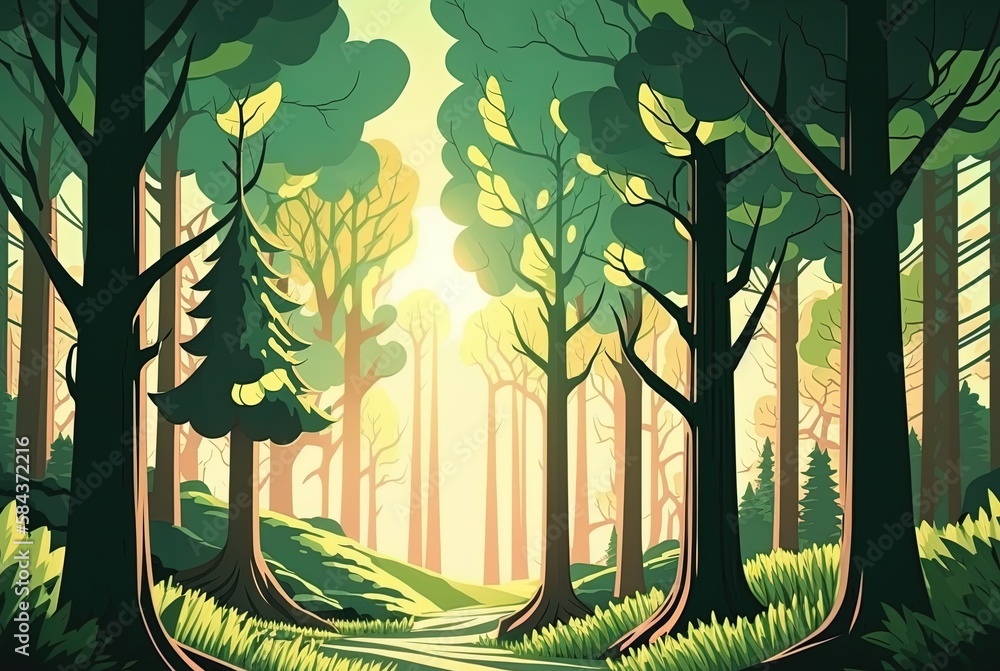 Poster scene of a woodland in the springtime, with the light shining through the leaves of the trees. gener