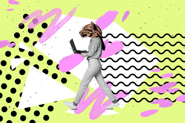 Creative pop vintage collage of bizarre freak lady with cat face using netbook order website pet products