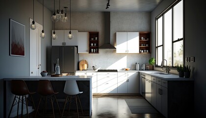 Fototapeta na wymiar kitchen furniture with concrete worktop and steel appliances, Generative AI