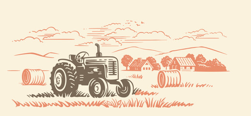Naklejka na ściany i meble Tractor with hay. Rural farm landscape