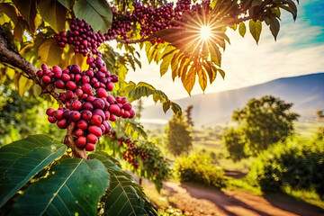 a big tree with arabica coffee beans. Generative AI - obrazy, fototapety, plakaty